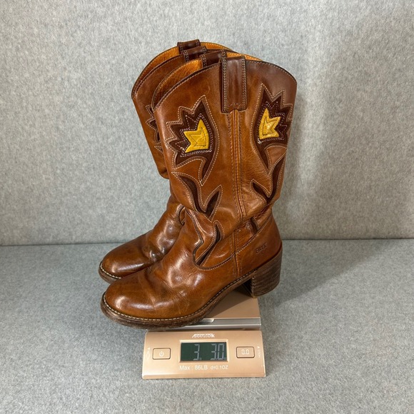 FRYE Sabrina Floral Inlay Campus Boots Brown Leather Western Womens Size 8B Vntg - Picture 16 of 16